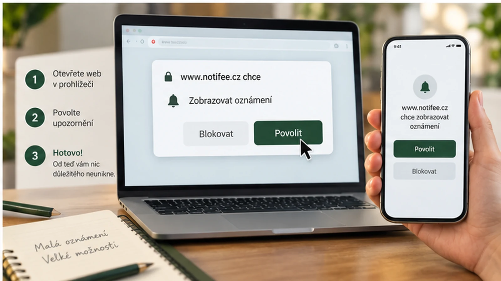 Povolení webových oznámení v prohlížeči na notebooku a telefonu