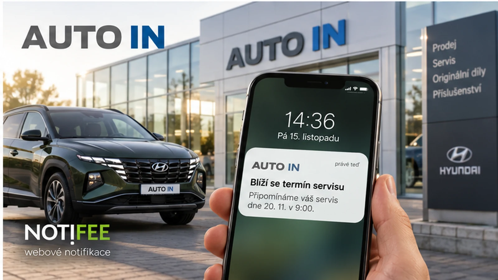 Prodejna AUTO IN a telefon s oznámením o servisním termínu