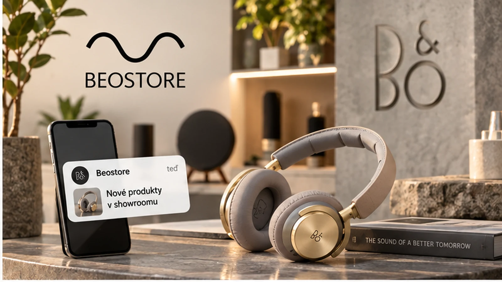 Prémiová sluchátka v showroomu B&O BEOSTORE a webová notifikace