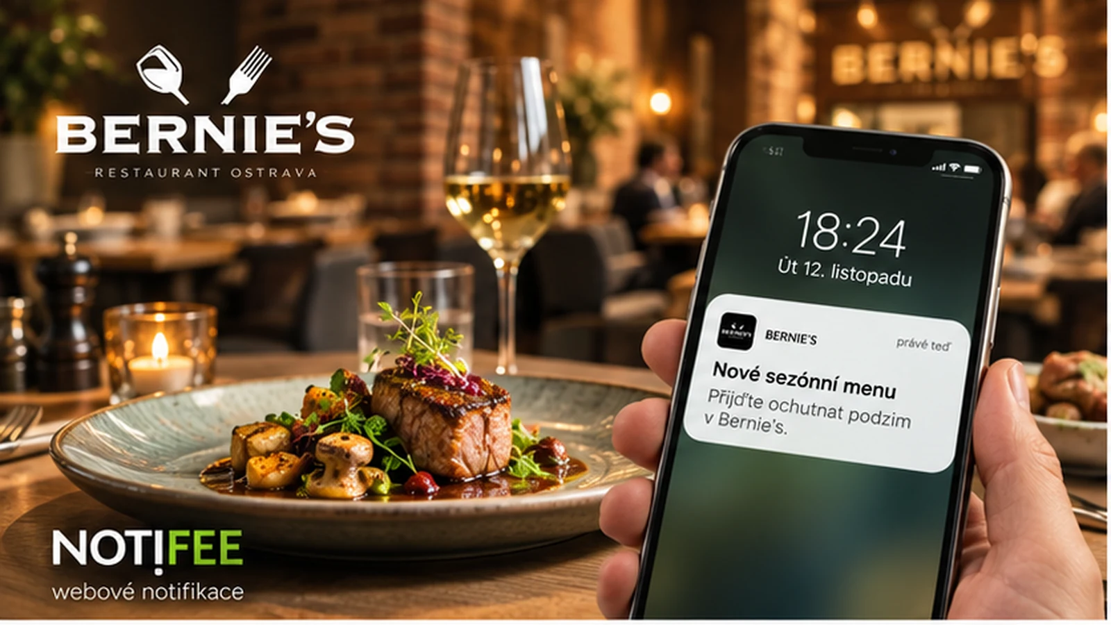 Restaurace Bernie’s Ostrava a telefon s oznámením o sezónním menu