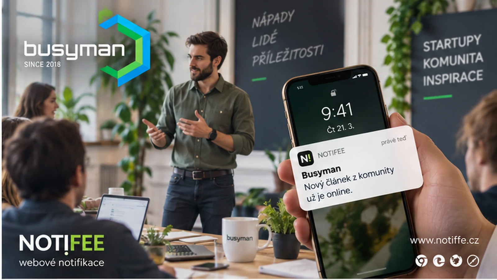 Startupová komunita Busy Man a telefon s oznámením o nové akci