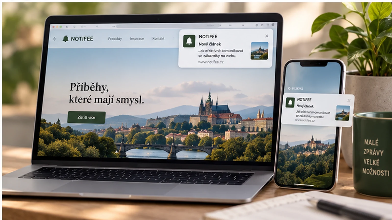 Webová notifikace zobrazená na notebooku a telefonu