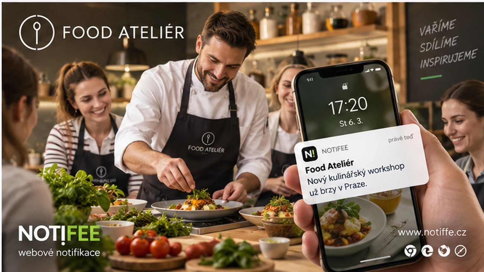 Kulinářský workshop Food Ateliér a telefon s oznámením o novém kurzu