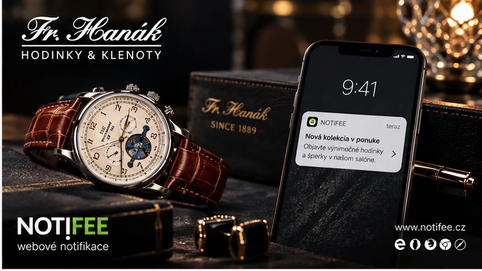 Luxusní hodinky Fr. Hanák a telefon s webovým oznámením