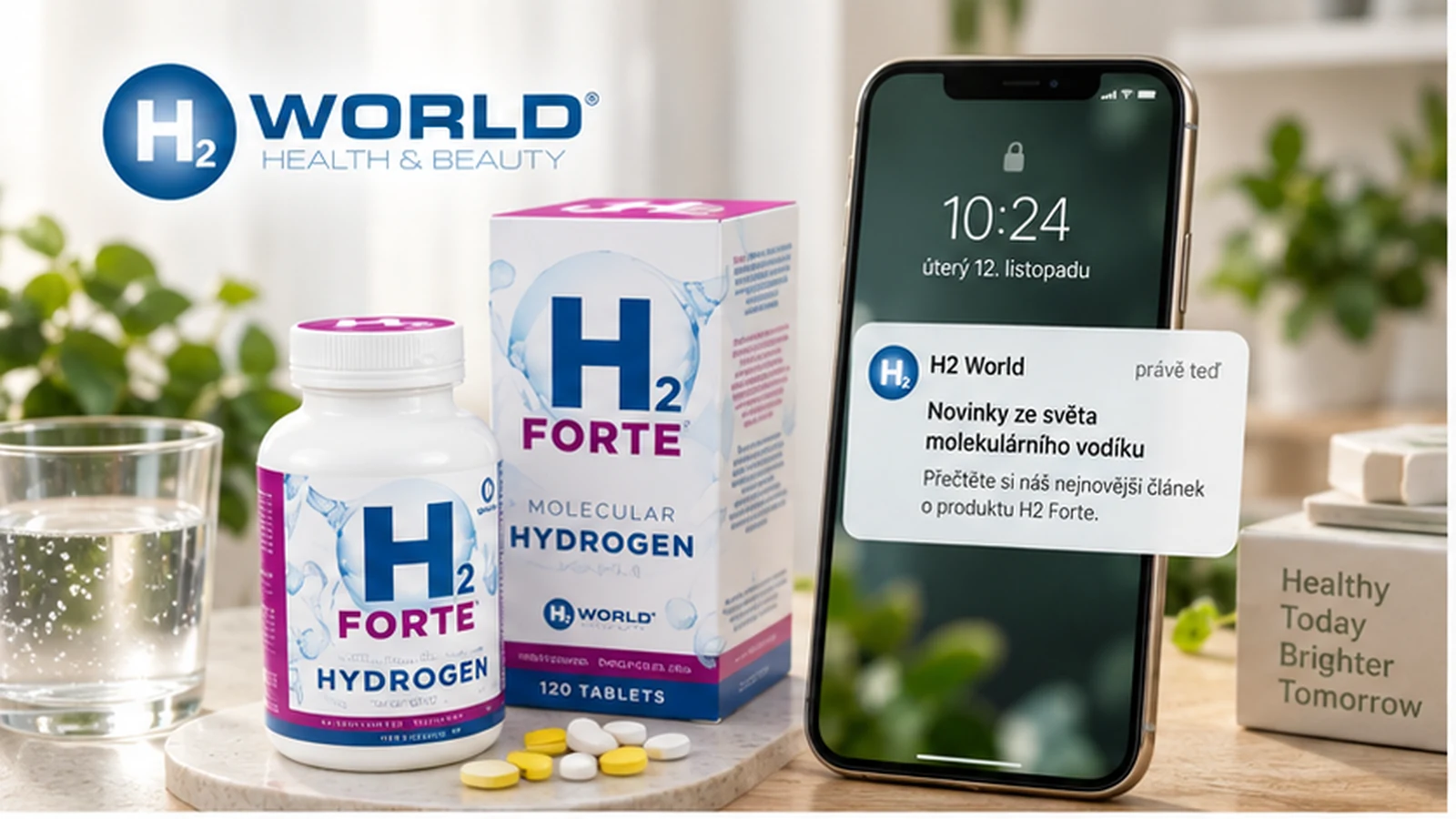 Produkty H2 World a telefon s oznámením o novém odborném článku