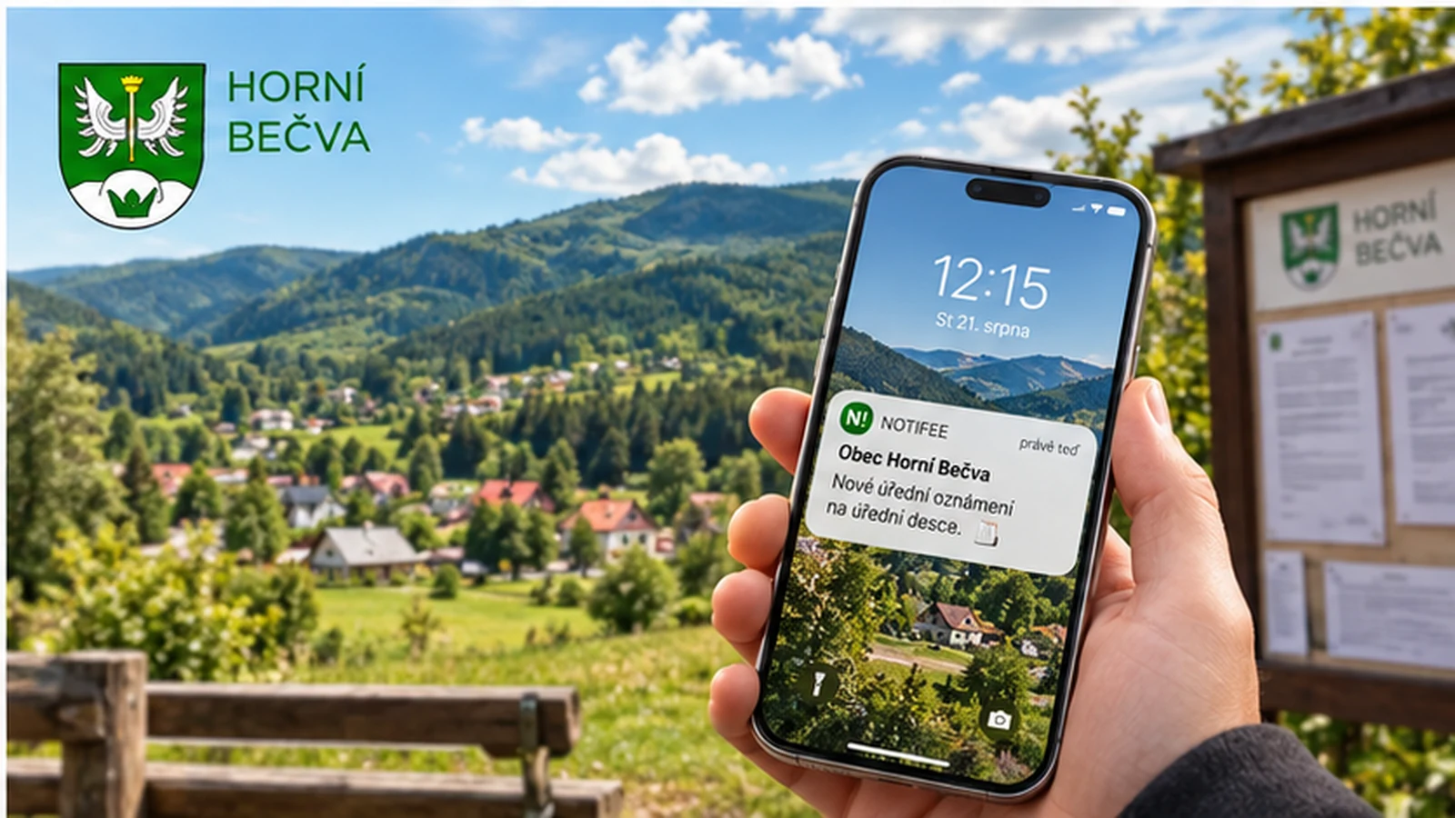 Horní Bečva v Beskydech a telefon s oficiálním obecním oznámením