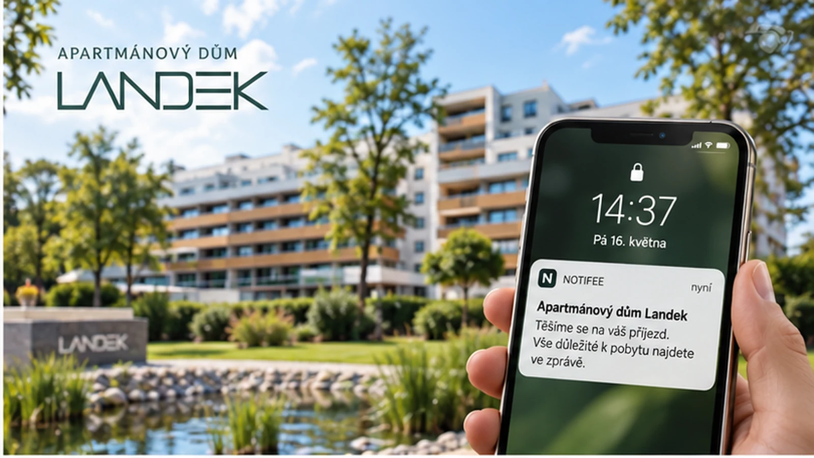 Apartmánový dům Landek a telefon s oznámením pro hosty