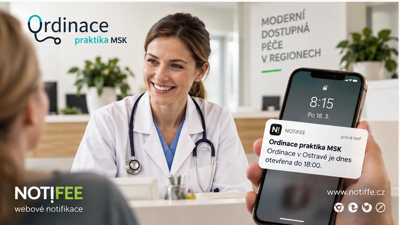 Ordinace Praktika a telefon s oznámením o otevírací době