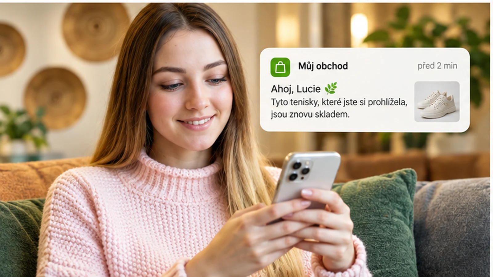 Zákaznice dostává relevantní webové oznámení k produktu, o který se zajímala