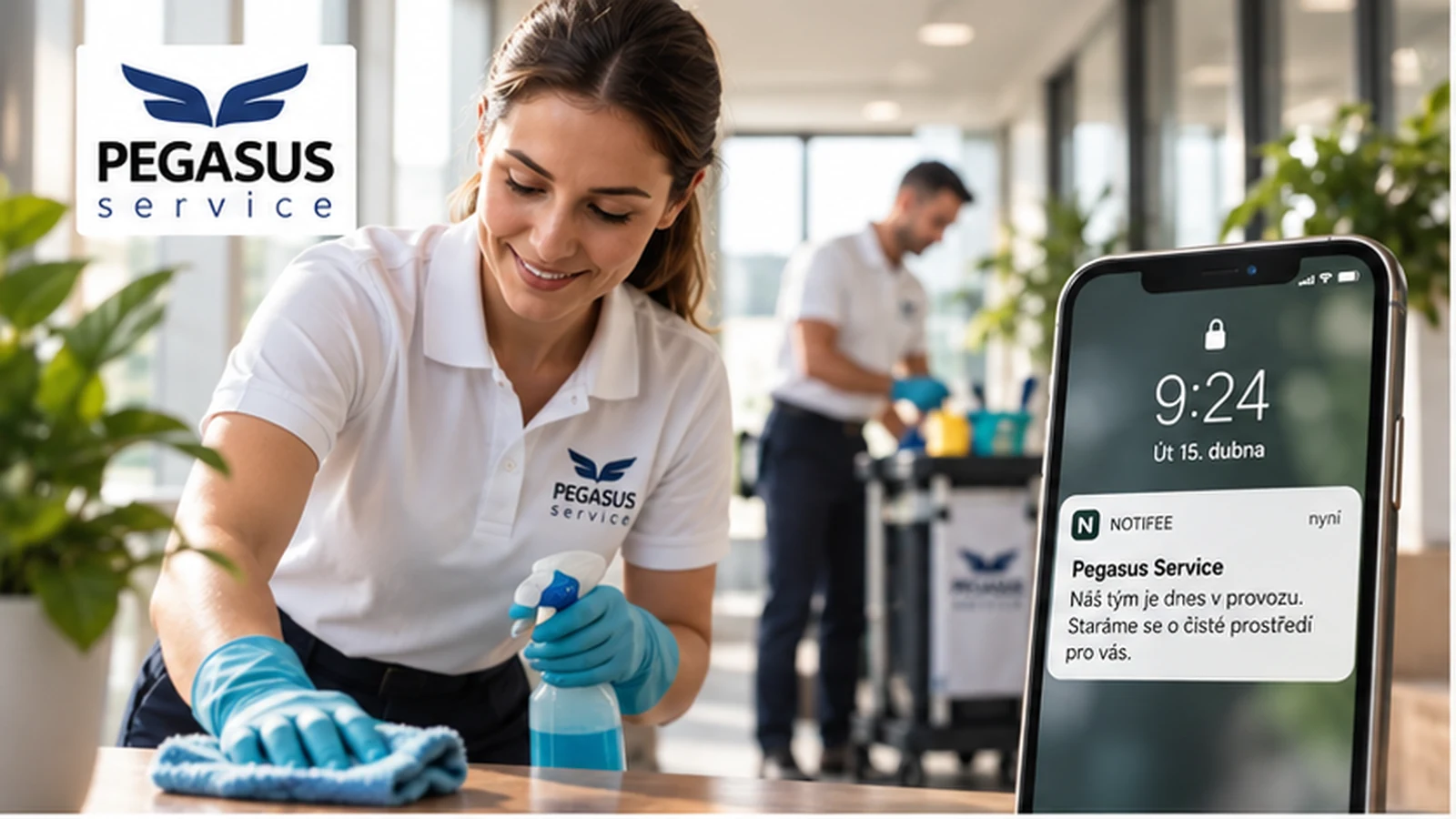 Tým Pegasus Service při úklidu a telefon s webovým oznámením
