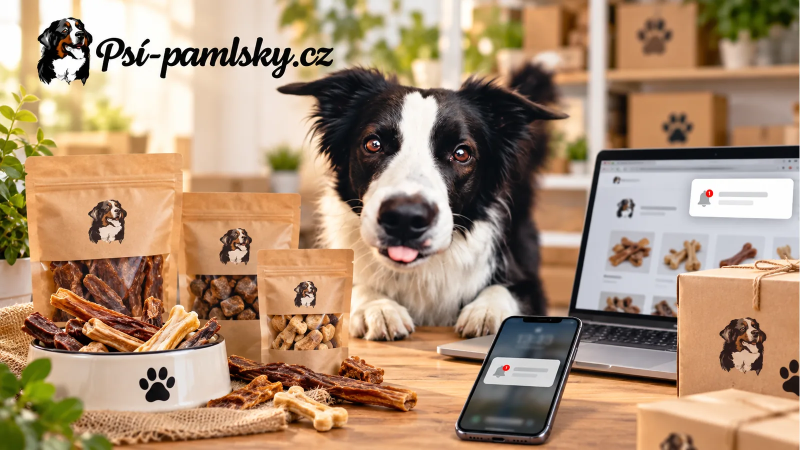 Pes, balíčky pamlsků a zařízení s webovým oznámením e-shopu Psi-pamlsky.cz