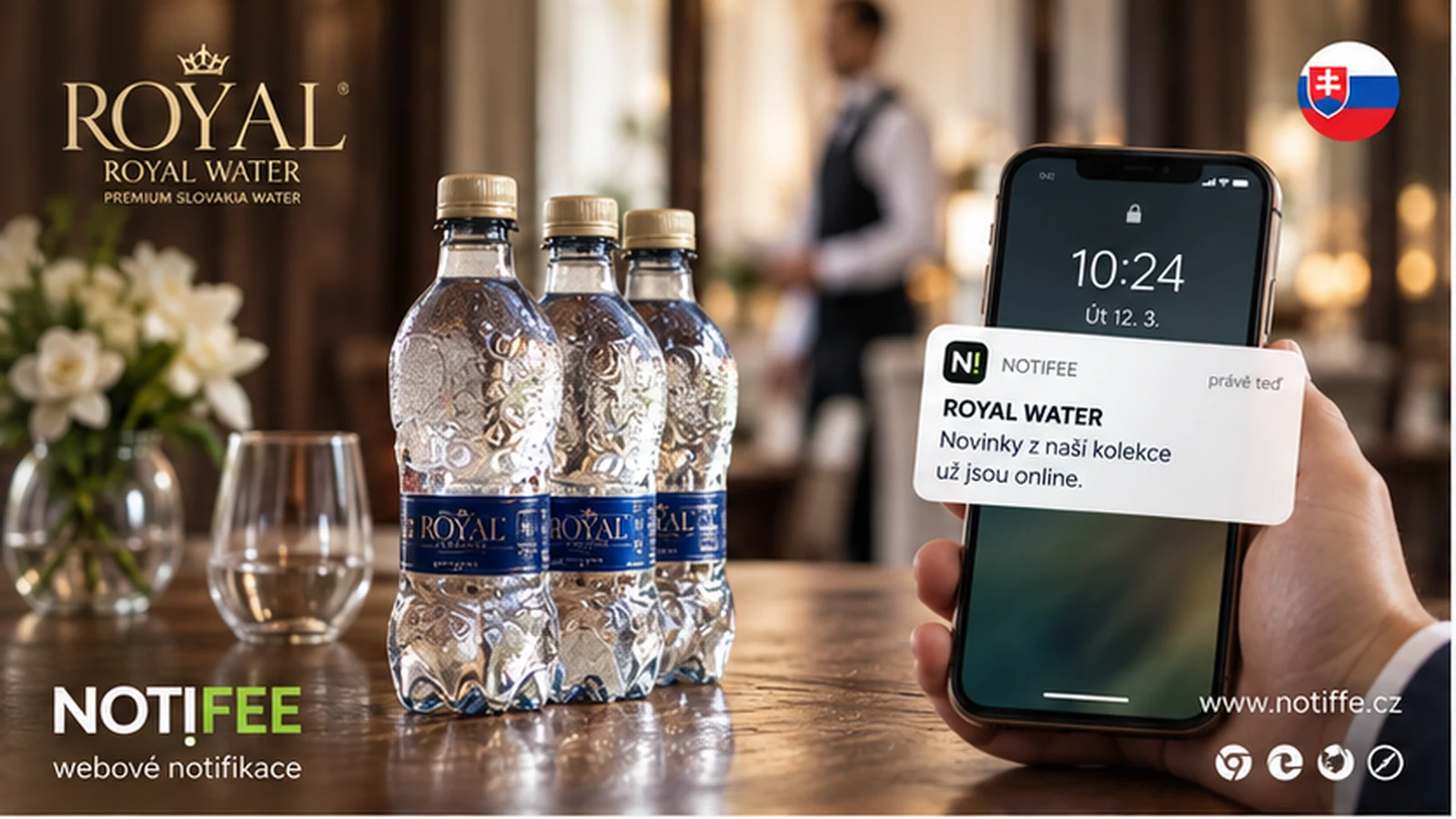 Royal Water SK v prémiovém prostředí a telefon s webovým oznámením
