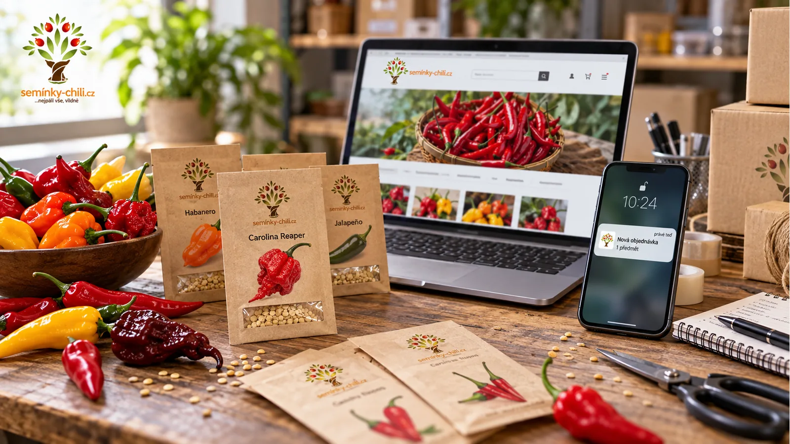 Majitelka e-shopu připravuje balíčky chilli semínek vedle notebooku