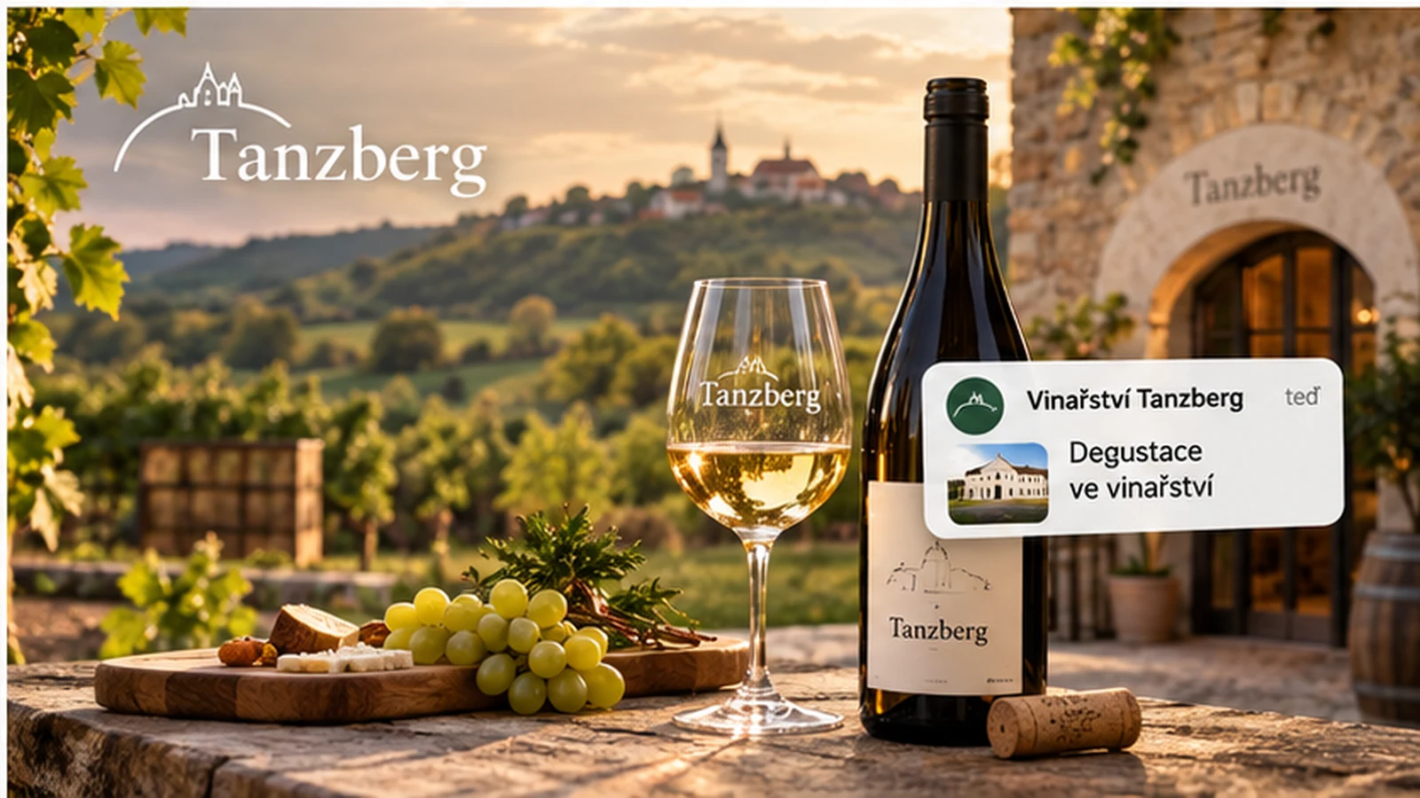 Vinařství Tanzberg, vinice a telefon s oznámením o degustaci