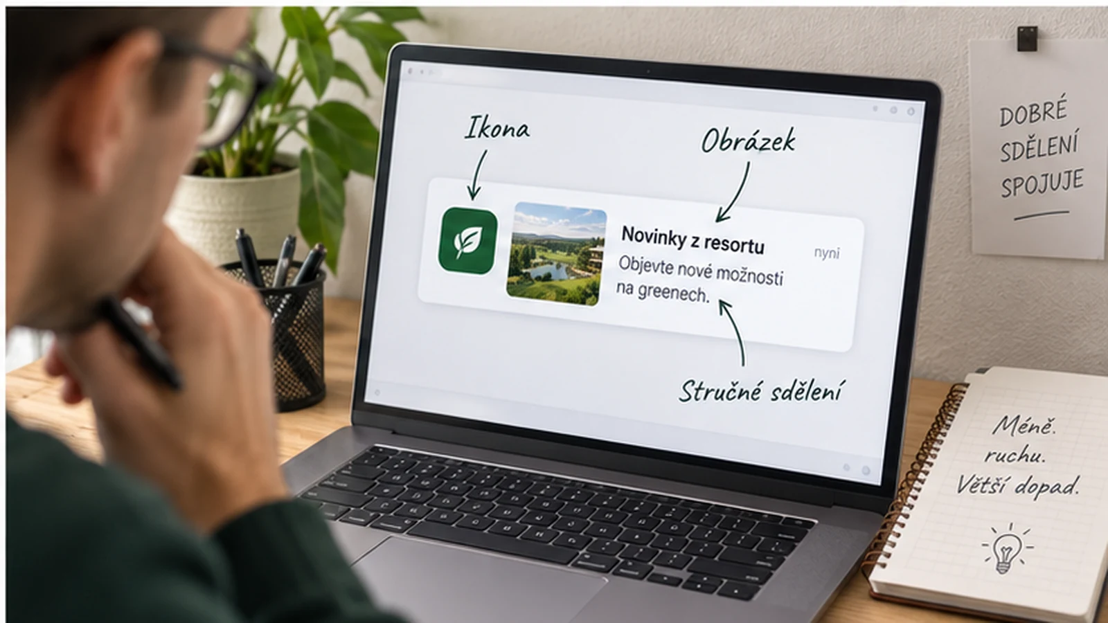 Návrh webové notifikace s označenou ikonou, obrázkem a stručným textem