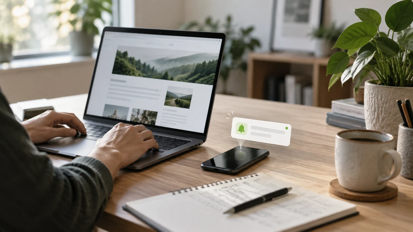 Webová notifikace zobrazená u notebooku a telefonu