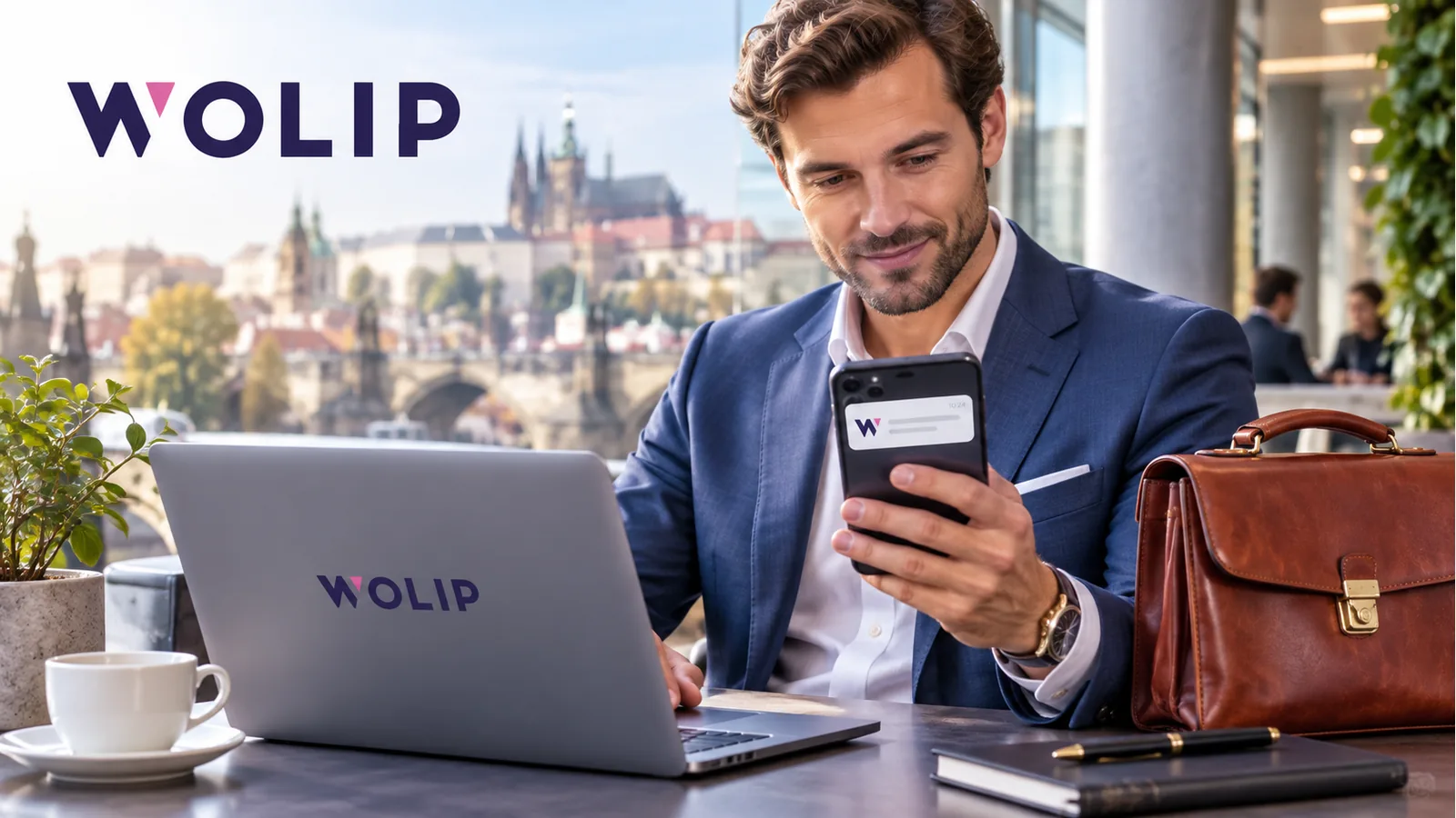 Klient WOLIP pracuje u notebooku a čte webové oznámení v telefonu