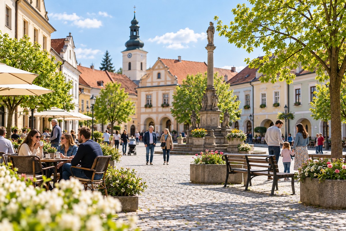 Živé náměstí českého městečka za slunečného dne