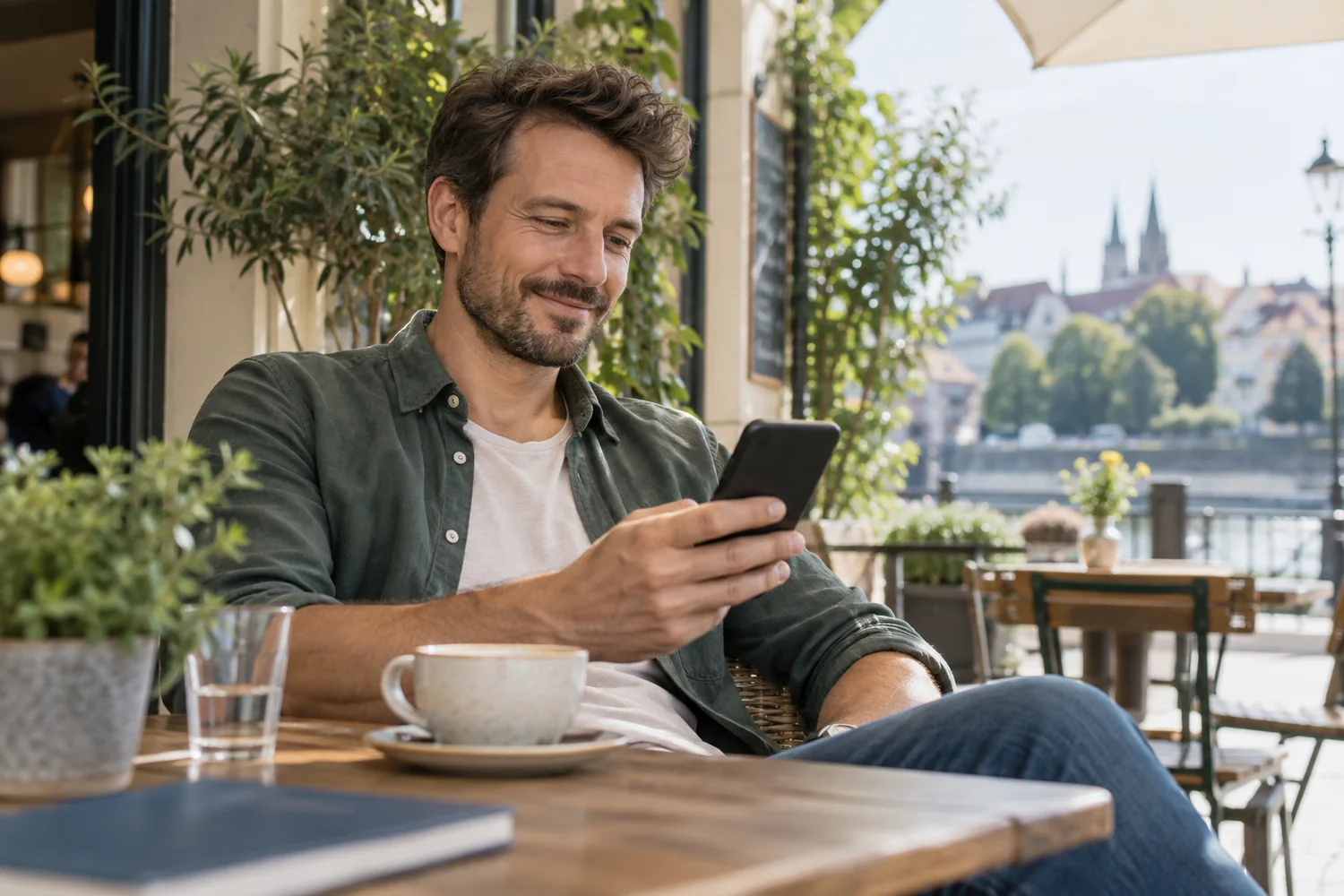 Spokojený uživatel čte užitečnou notifikaci v telefonu